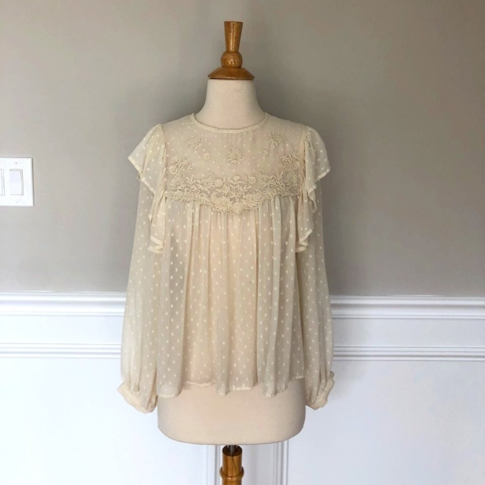 ZARA WHITE IVORY FLOWY FLORAL RUFFLE TOP